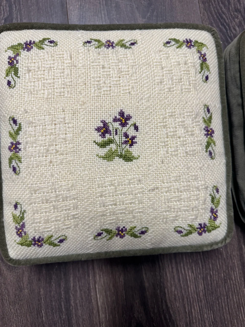 Hand-Embroidered Floral Accent Pillow Pair - Cream and Olive